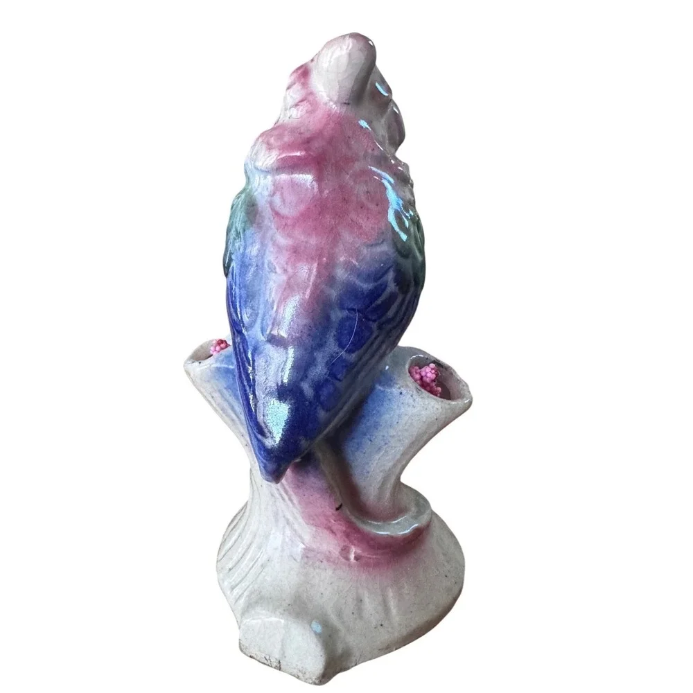 Vintage Ceramic Parrot Figurine Pink Green Tropical Bird with Flowers‎ 5 inch